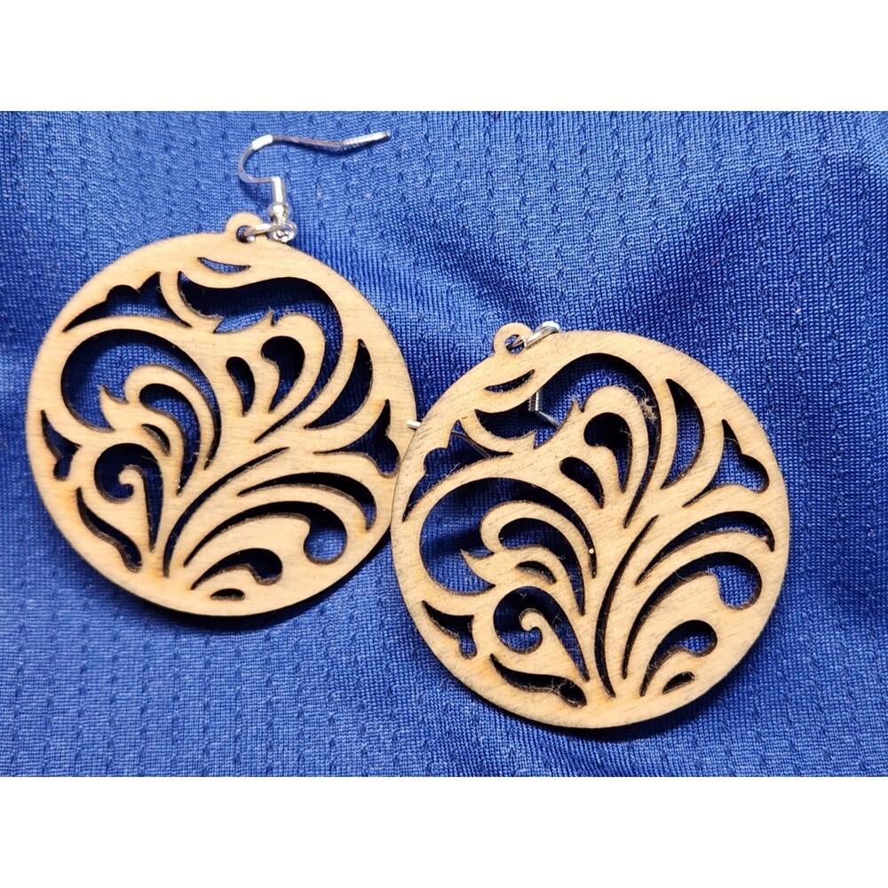 1 Pair Round Shaped Laser Cut Wooden Dangle Earrings Boho Style.